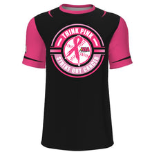 The DSG Apparel National Softball Association NSA Breast Cancer Awareness Sublimated Short Sleeve Shirt features a black and pink design with the message "THINK PINK STRIKE OUT CANCER" and is ideal for Breast Cancer Awareness events.