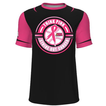 The DSG Apparel National Softball Association NSA Breast Cancer Awareness Sublimated Short Sleeve Shirt features a black and pink design with the message "THINK PINK STRIKE OUT CANCER" and is ideal for Breast Cancer Awareness events.