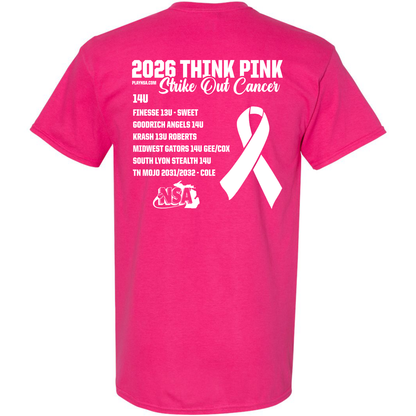 Introducing the 2026 NSA Think Pink Strike Out Cancer Fastpitch Tournament Shirt by DSG Apparel. This bright pink t-shirt features bold “2026 Think Pink Strike Out Cancer” text, a large white ribbon, and a list of softball teams and years underneath. The back showcases a white NSA logo at the bottom, making it the perfect choice for any NSA Fastpitch Tournament participant. Secure yours now – available for Pre Order exclusively as part of our NSA Apparel collection!.
