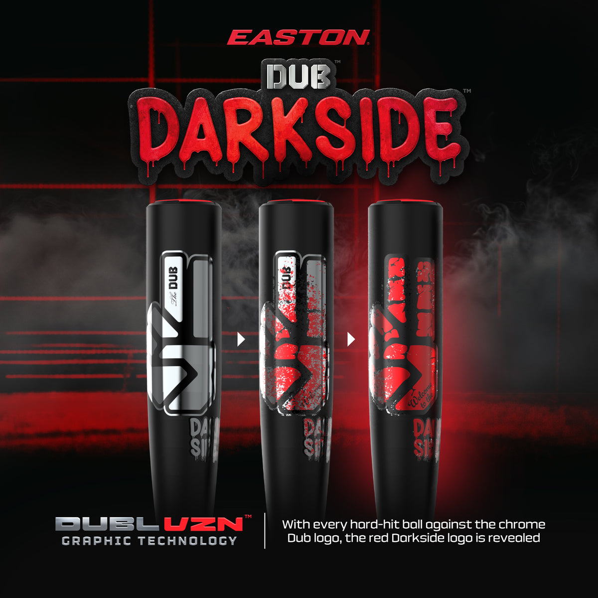 Three black Easton Dub Darkside (-10) 2 3/4″ USSSA Baseball Bats from Easton, each featuring chrome logos that transform to reveal a glowing red Darkside emblem when struck. The backdrop showcases bold red and black graphics with swirling smoke, while “Easton Dub Darkside (-10) USSSA Baseball Bat” and product details appear at the bottom. Crafted with Double Barrel Construction and an Opti-Flex Handle, these bats provide powerful performance for serious players.