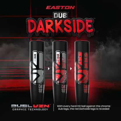 Three black Easton Dub Darkside (-10) 2 3/4″ USSSA Baseball Bats from Easton, each featuring chrome logos that transform to reveal a glowing red Darkside emblem when struck. The backdrop showcases bold red and black graphics with swirling smoke, while “Easton Dub Darkside (-10) USSSA Baseball Bat” and product details appear at the bottom. Crafted with Double Barrel Construction and an Opti-Flex Handle, these bats provide powerful performance for serious players.