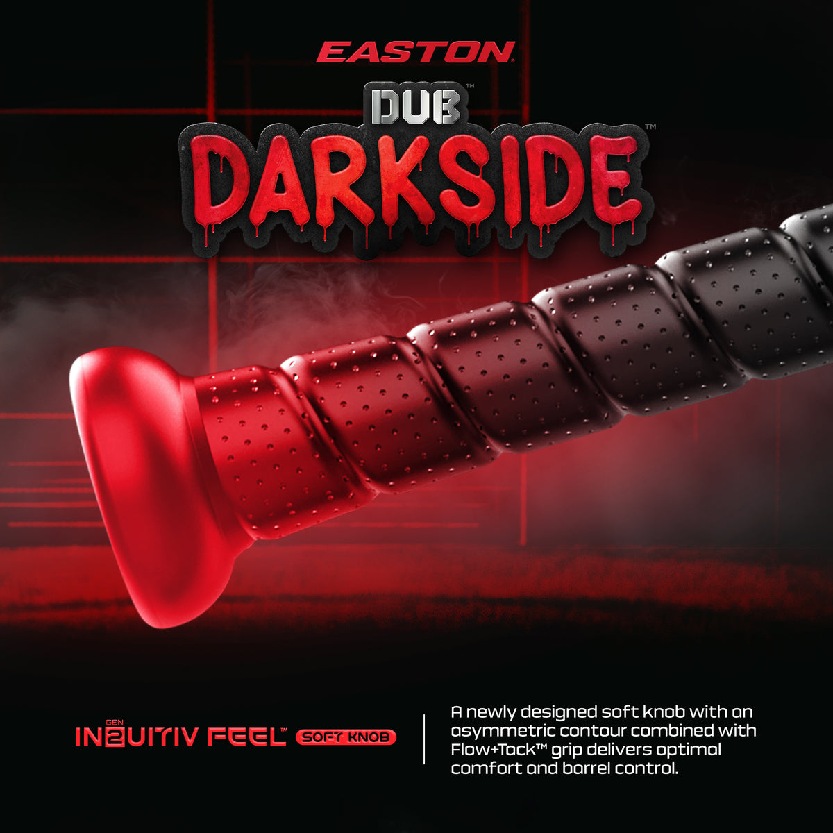 Close-up of a black and red 2027 Easton Dub Darkside (-10) 2 3/4″ USSSA Baseball Bat (EUT7DBDS10) handle by Easton, featuring an Opti-Flex Handle, asymmetric soft knob, and textured grip. The dark background with bold red accents frames highlighted text detailing features such as INTUITIVE FEEL, Double Barrel Construction, and optimal comfort.