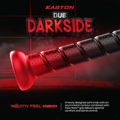 Close-up of a black and red 2027 Easton Dub Darkside (-10) 2 3/4″ USSSA Baseball Bat (EUT7DBDS10) handle by Easton, featuring an Opti-Flex Handle, asymmetric soft knob, and textured grip. The dark background with bold red accents frames highlighted text detailing features such as INTUITIVE FEEL, Double Barrel Construction, and optimal comfort.