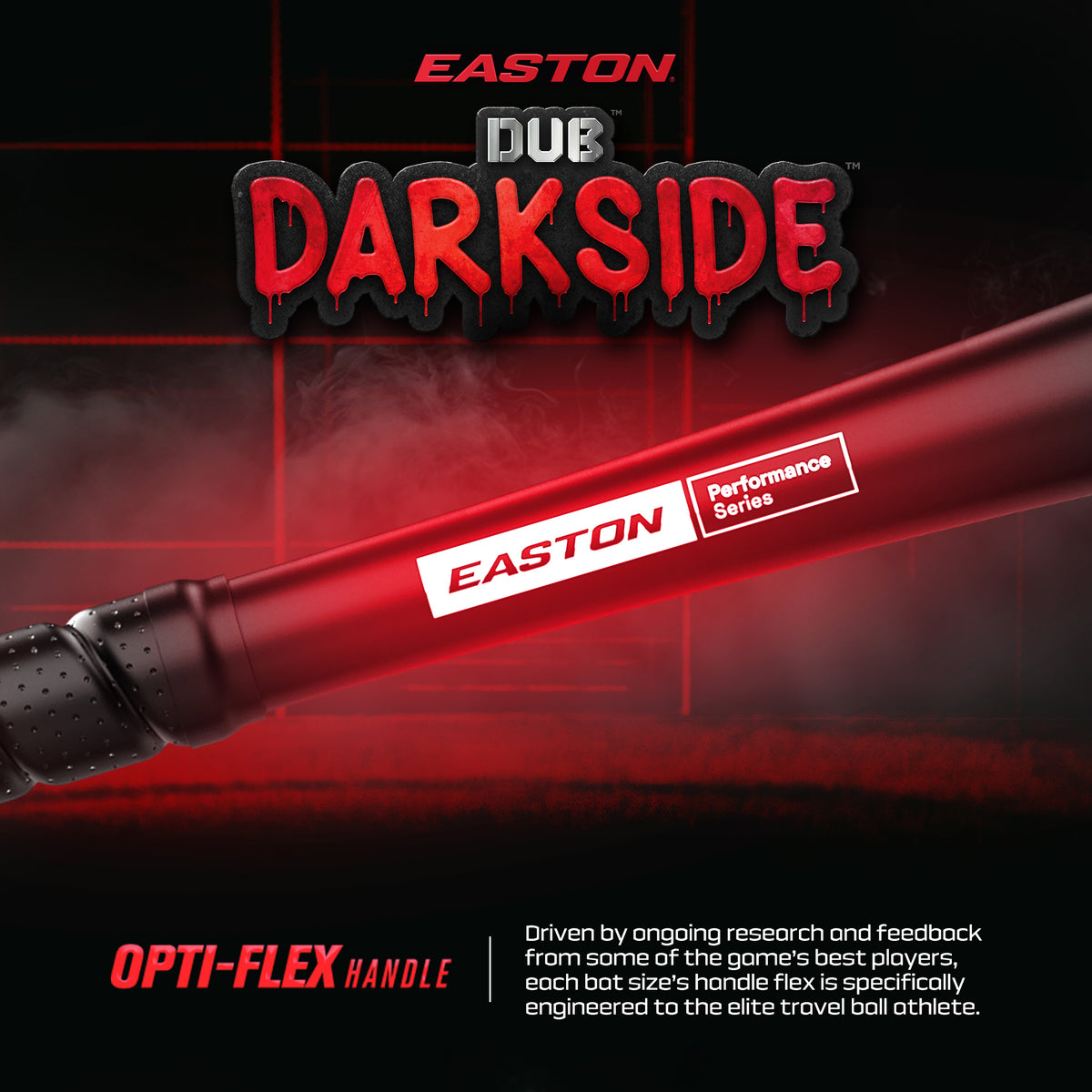 A close-up of the 2027 Easton Dub Darkside (-10) 2 3/4″ USSSA Baseball Bat (EUT7DBDS10) showcases its Performance Series label and Opti-Flex Handle, featuring advanced Double Barrel Construction, with marketing text in the background on a dark, red-tinted grid.