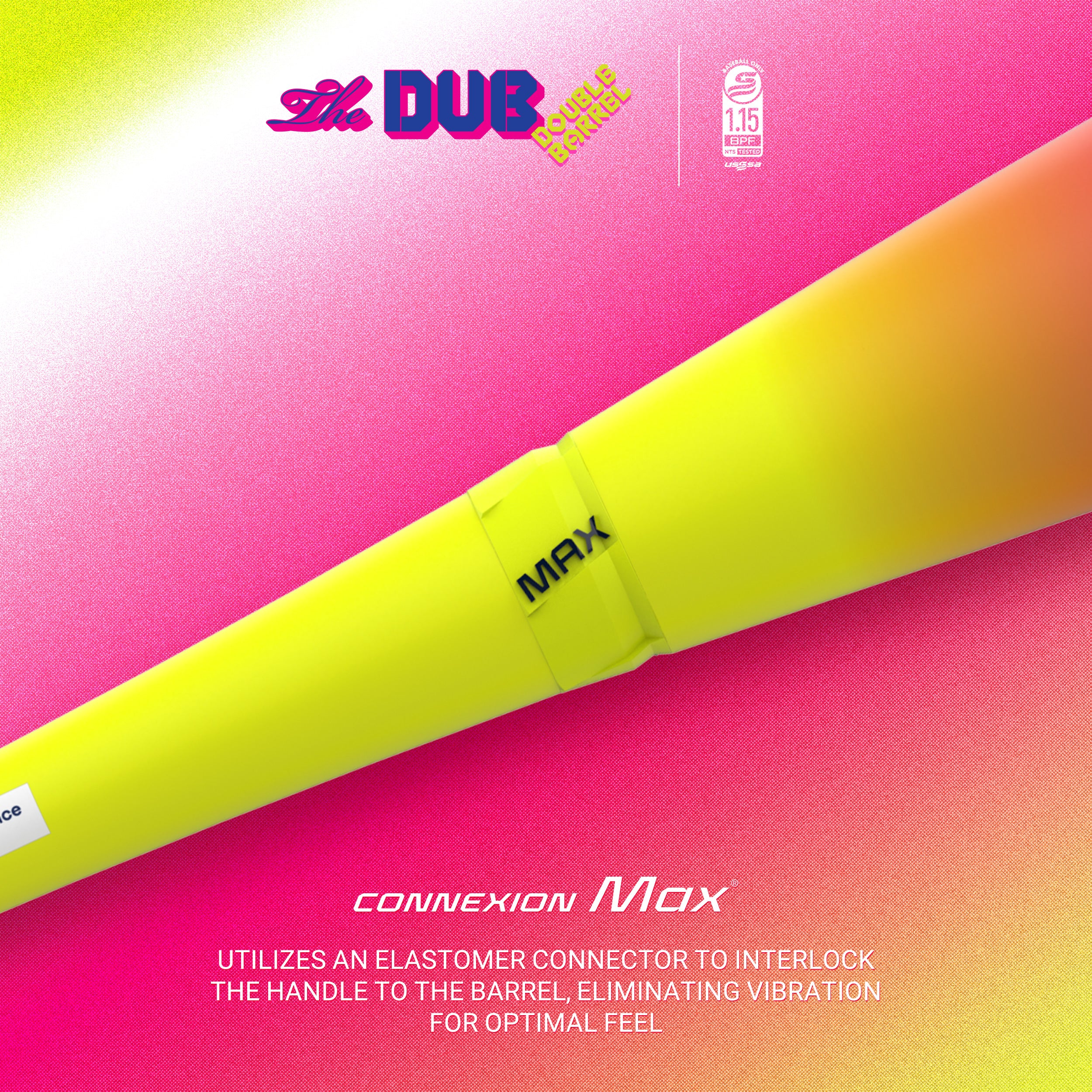 A bright yellow and orange baseball bat labeled MAX is shown diagonally on a pink background with text describing its vibration-eliminating connexion Max technology and the bats branding The DUB Double Barrel.