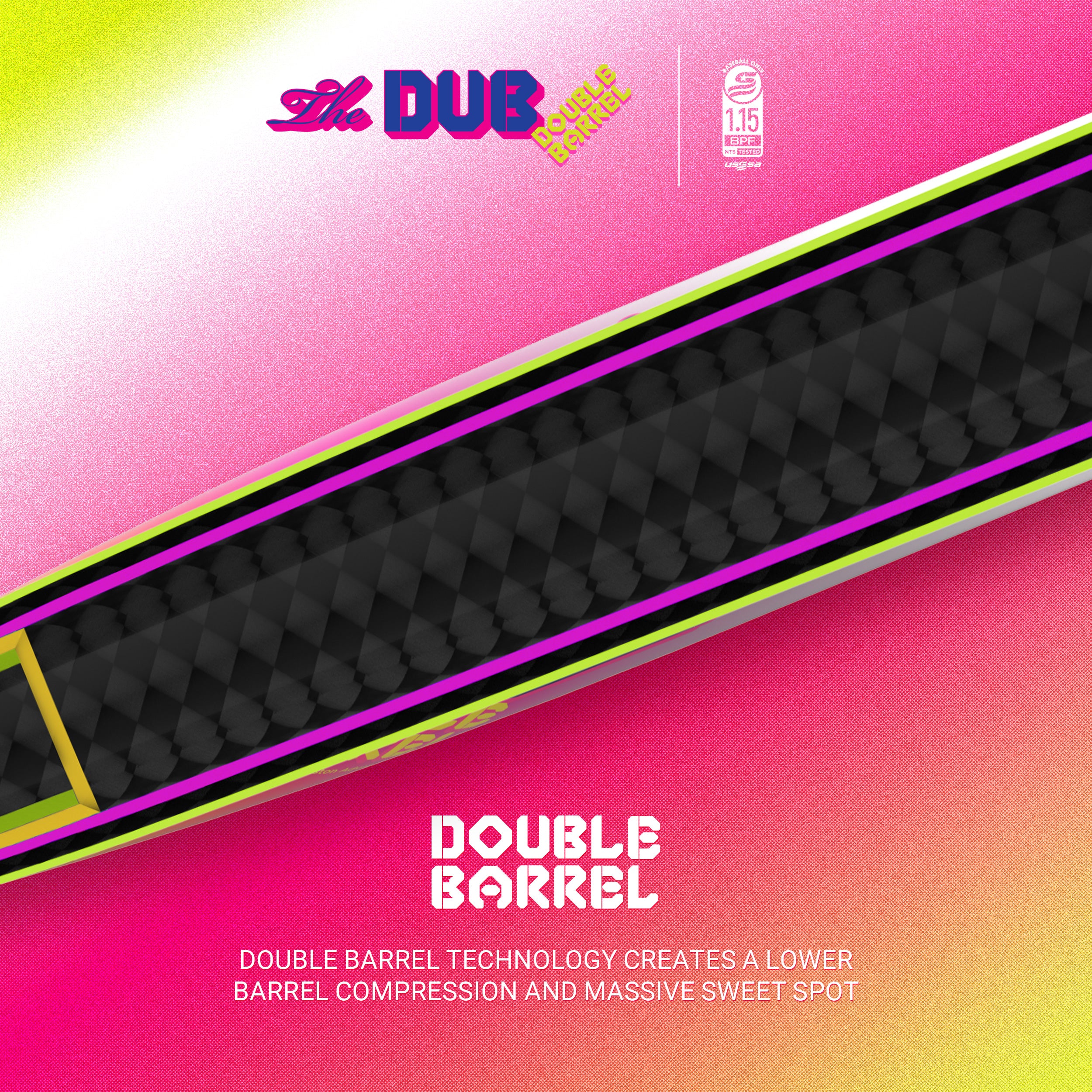 A close-up of a black textured sports bat with neon yellow, pink, and white accents. Text reads DOUBLE BARREL and describes double barrel technology for lower compression and a larger sweet spot on a pink gradient background.
