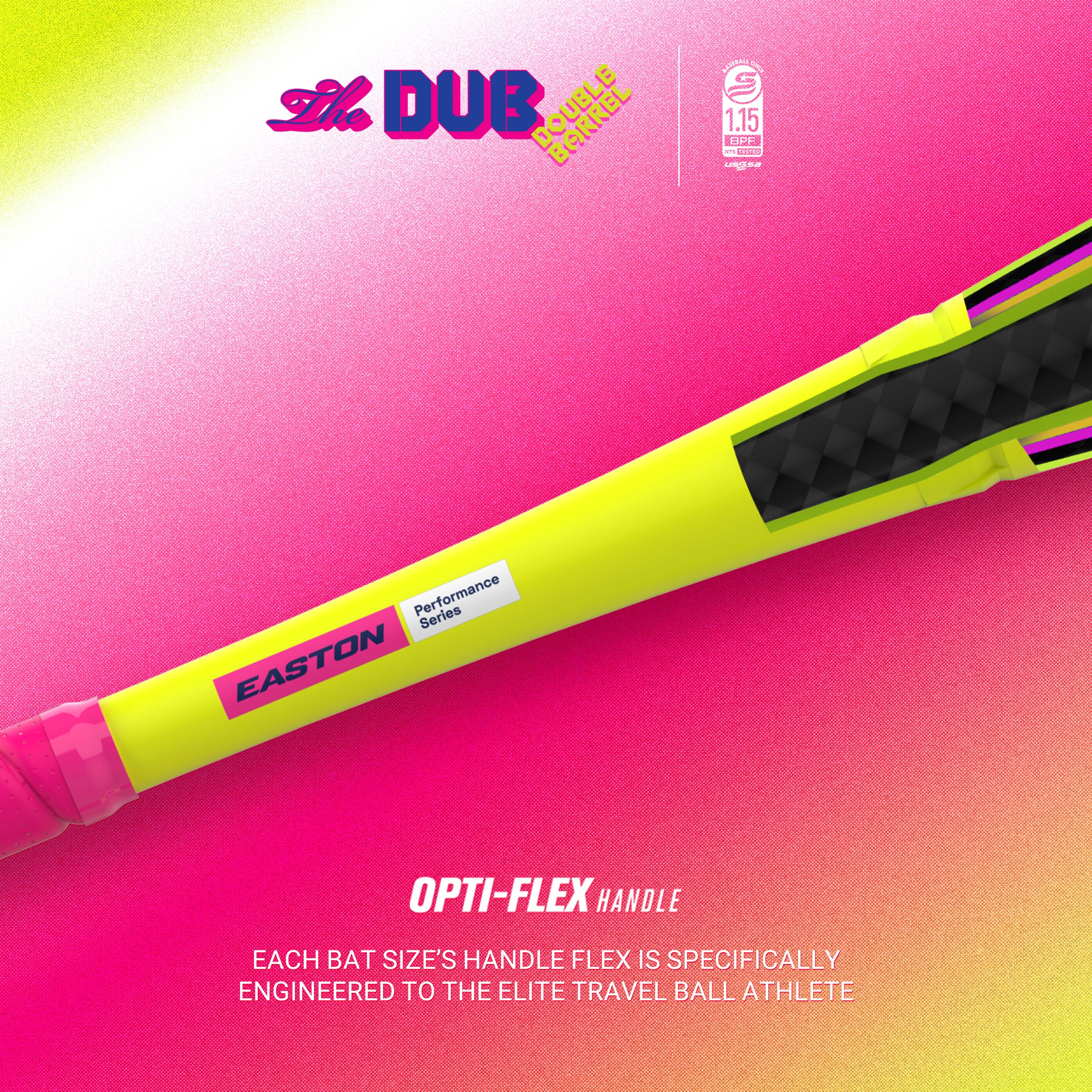 A neon yellow and pink Easton softball bat with a black grip is shown close-up, highlighting the OPTI-FLEX handle. Text describes the handle’s engineered flexibility for elite travel ball athletes.