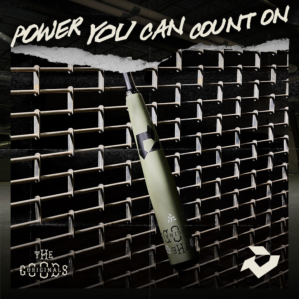 An olive green tattoo machine is displayed vertically against a backdrop of stacked metal shelves. Bold text at the top reads, POWER YOU CAN COUNT ON. Logos are visible in the bottom corners.