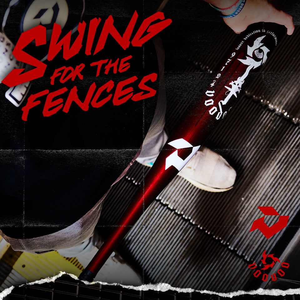 A person stands on an escalator holding a black and red baseball bat. Bold red text reads Swing for the Fences. The Dudud brand logo is visible on the bat and in the lower right corner.