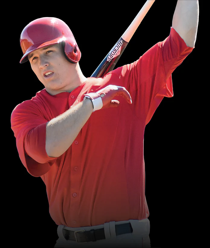 A man holding the Old Hickory Mike Trout MT27 Steel Pressed Maple Wood Bat by Old Hickory.
