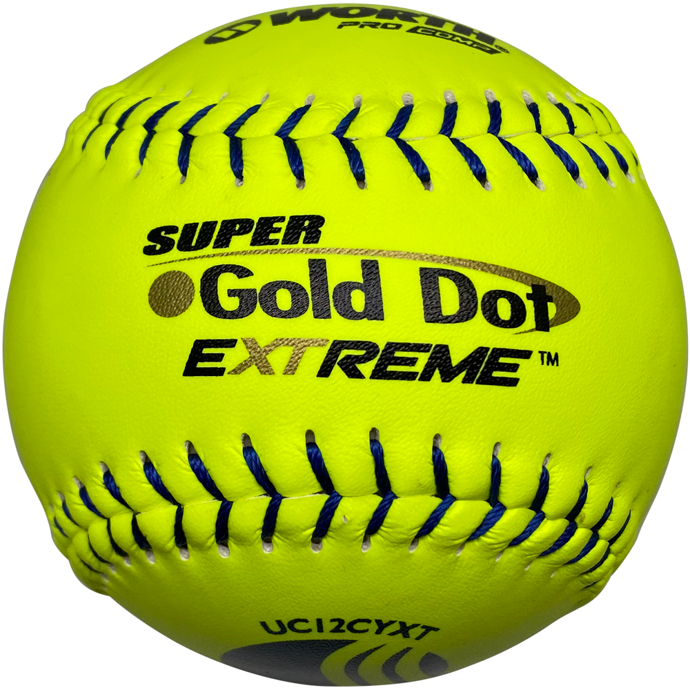 The Worth USSSA Super Gold Dot Extreme Classic M 12" 40/325 Composite Slowpitch Softball (UC12CYXT) features bright yellow skin, blue stitching, and bold black labeling—ideal for USSSA slow pitch softball games.