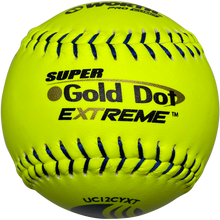 The Worth USSSA Super Gold Dot Extreme Classic M 12" 40/325 Composite Slowpitch Softball (UC12CYXT) features bright yellow skin, blue stitching, and bold black labeling—ideal for USSSA slow pitch softball games.
