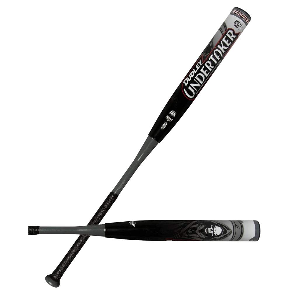 Two Dudley Undertaker 12" Balanced NSA USSSA Slowpitch Softball Bats by Dudley are shown on a white background, one flat and one upright. Both feature black and gray designs with bold "Undertaker" graphics on the barrel.
