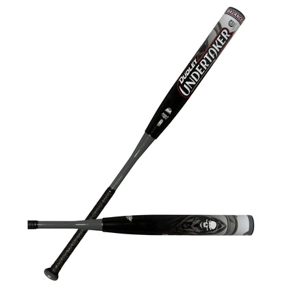 Two Dudley Undertaker 12" Balanced NSA USSSA Slowpitch Softball Bats by Dudley are shown on a white background, one flat and one upright. Both feature black and gray designs with bold "Undertaker" graphics on the barrel.