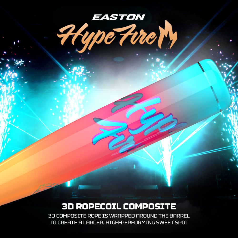 A vibrant Easton 2027 Hype Fire (-11) 2 5/8″ USA Baseball Bat (EUS7HYP11) is pictured against an explosive backdrop of blue fireworks. The image emphasizes its advanced 3D Ropecoil Composite technology and ConneXion Max handle from Easton, designed to deliver a larger, high-performing sweet spot for maximum power.