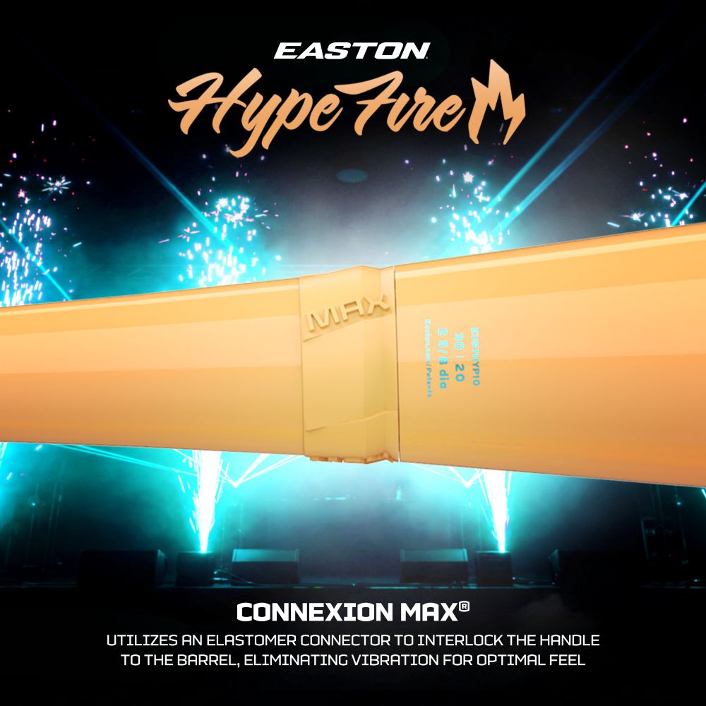 A close-up of the 2027 Easton Hype Fire (-11) 2 5/8″ USA Baseball Bat: EUS7HYP11, featuring bold ConneXion Max text and set against a backdrop of fireworks and blue lights, highlights Easton’s vibration-reducing connector feature and advanced 3D Ropecoil Composite technology.