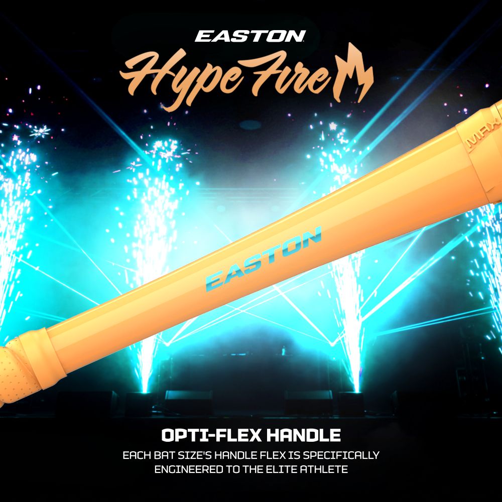 The orange 2027 Easton Hype Fire (-11) 2 5/8″ USA Baseball Bat: EUS7HYP11 is displayed diagonally with bold blue text and an Opti-Flex Handle, while fireworks and stage lights burst in the background, creating an energetic sports atmosphere. Featuring advanced 3D Ropecoil Composite and ConneXion Max technology, this top-tier Easton bat delivers outstanding performance on the field.