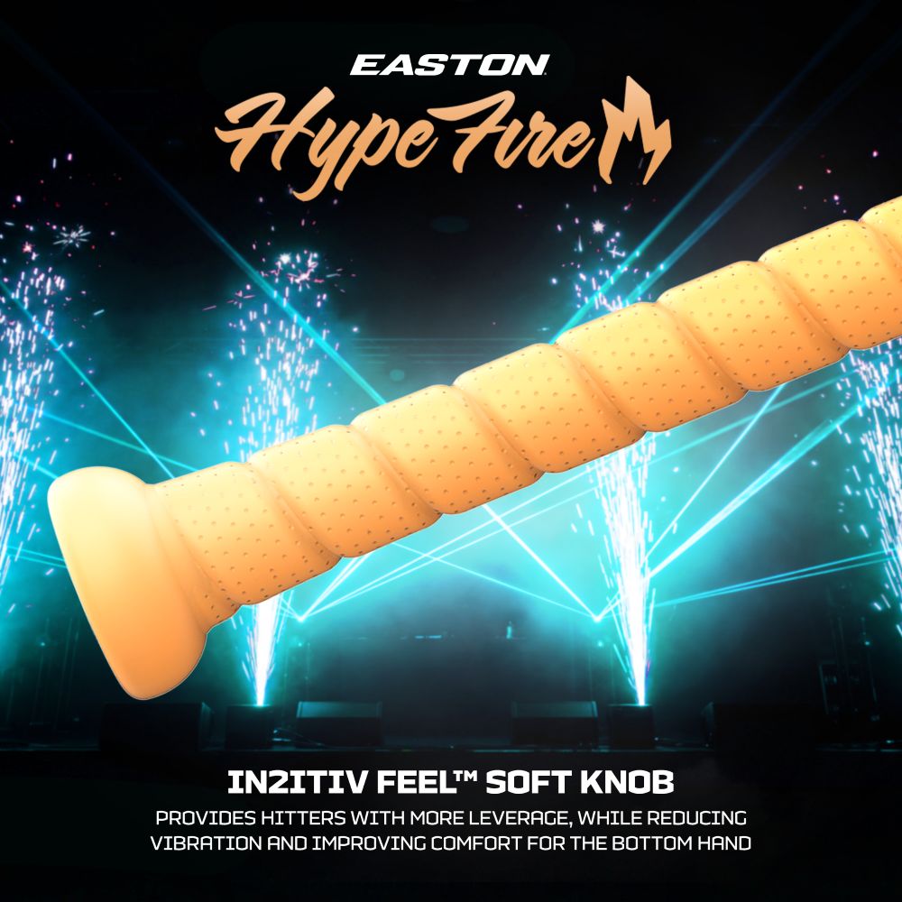 Image of the Easton 2027 Hype Fire (-11) 2 5/8″ USA Baseball Bat (EUS7HYP11) handle featuring a soft knob, with text highlighting its enhanced comfort and leverage. The bat’s innovative ConneXion Max technology and advanced 3D Ropecoil Composite construction provide a superior feel on every swing. Fireworks and lights illuminate the background.