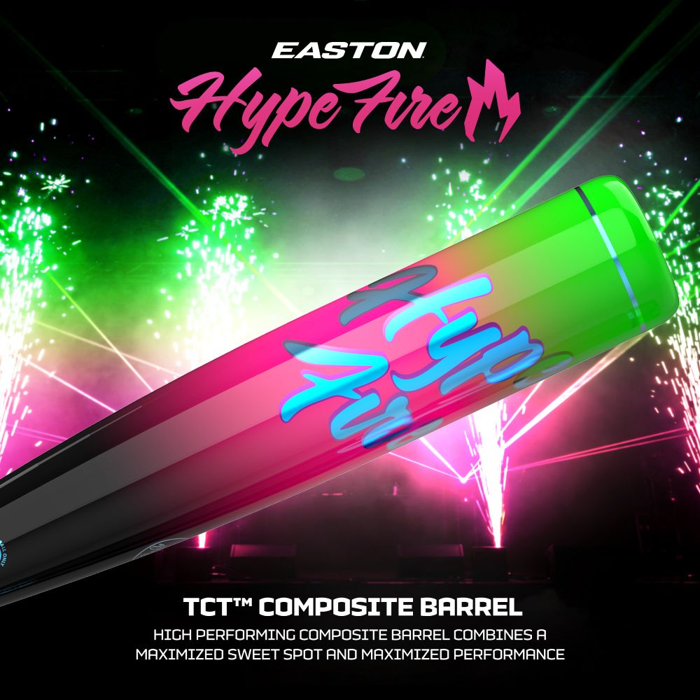 A vibrant neon green and pink 2027 Easton Hype Fire (-10) 2 3/4″ USSSA Baseball Bat (EUT7HYP10) is showcased with fireworks bursting in the background. Highlighted features include its TCT Composite Barrel, which delivers a maximized sweet spot and peak performance, along with advanced ConneXion Max technology for superior feel and exceptional energy transfer.