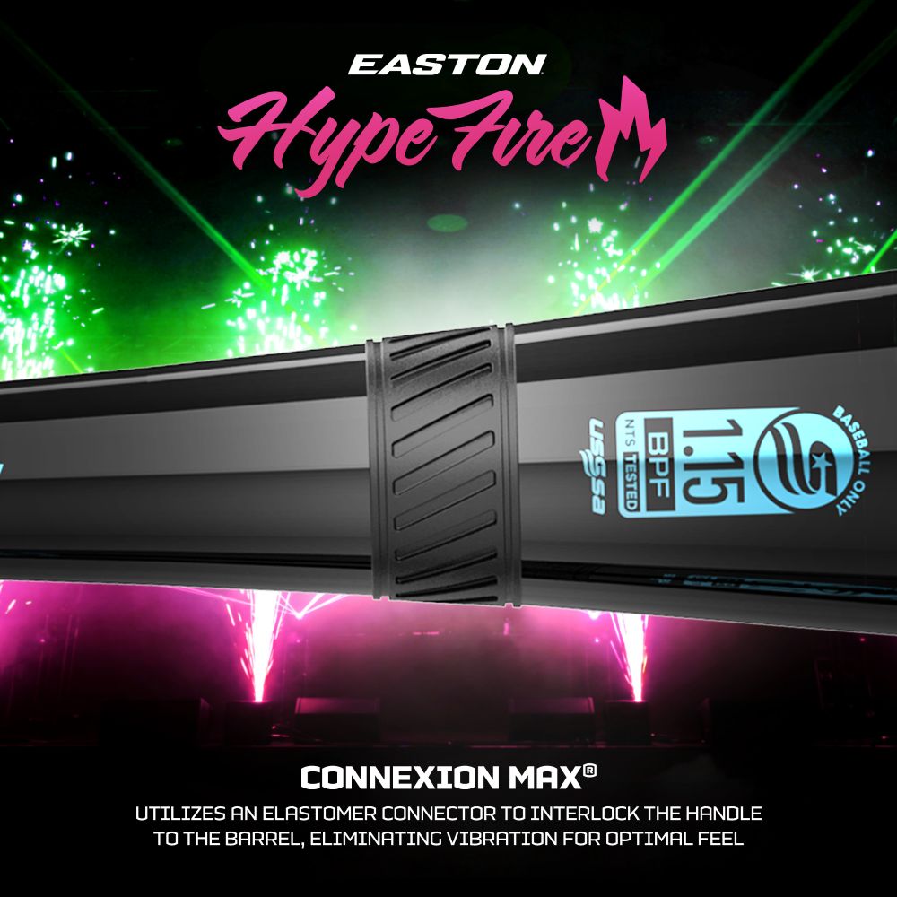 The 2027 Easton Hype Fire (-10) 2 3/4″ USSSA Baseball Bat (EUT7HYP10) is showcased against a backdrop of neon fireworks. The text emphasizes its ConneXion Max technology for superior vibration reduction, a TCT Barrel designed for explosive performance, and an optimal in-hand feel.