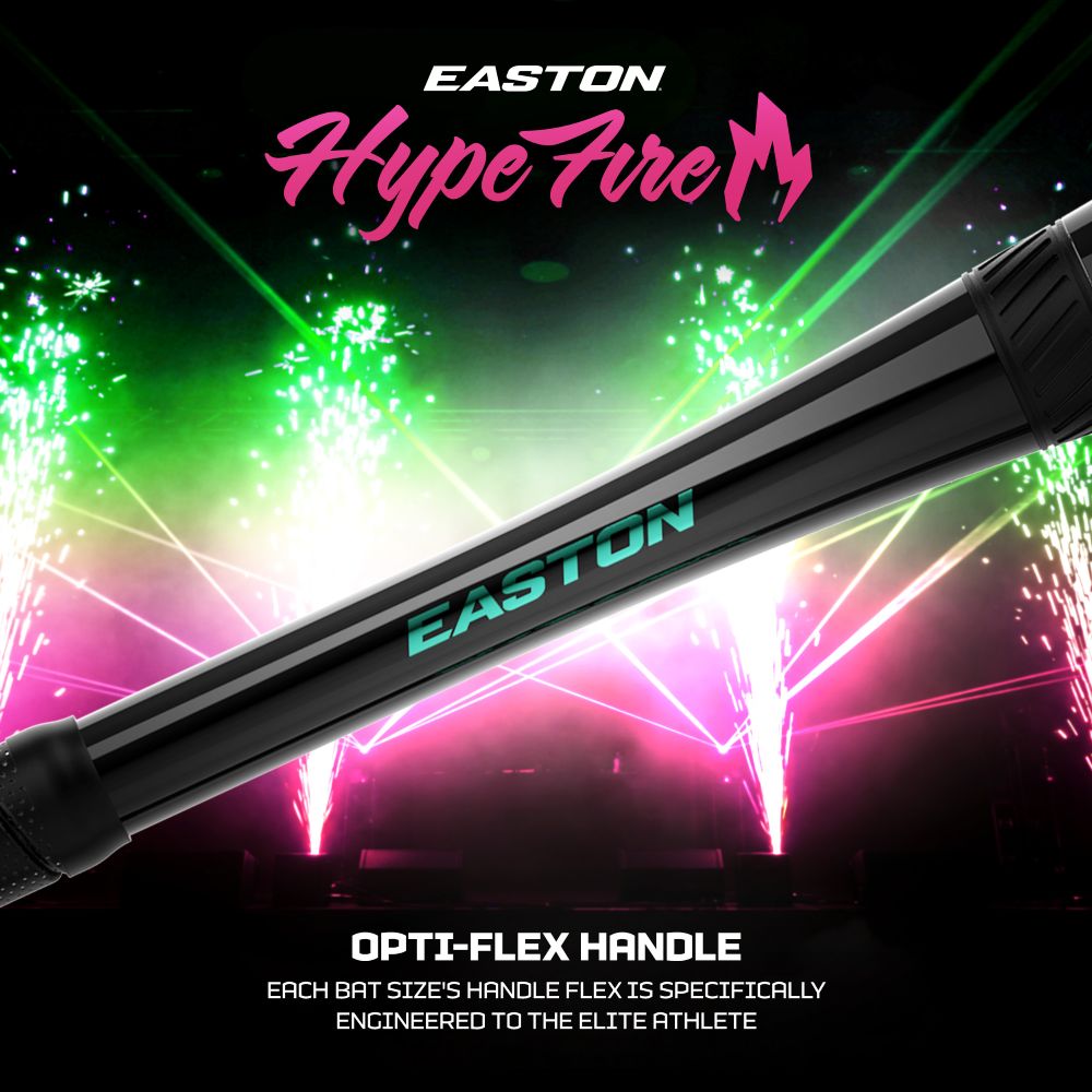 The 2027 Easton Hype Fire (-10) 2 3/4″ USSSA Baseball Bat (EUT7HYP10) by Easton is displayed in black with a blue logo, set against vibrant pyrotechnics and striking green, pink, and purple lights. Text highlights: Opti-Flex Handle engineered for elite athletes, featuring a powerful TCT Barrel and advanced ConneXion Max technology.