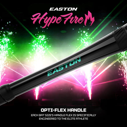 The 2027 Easton Hype Fire (-10) 2 3/4″ USSSA Baseball Bat (EUT7HYP10) by Easton is displayed in black with a blue logo, set against vibrant pyrotechnics and striking green, pink, and purple lights. Text highlights: Opti-Flex Handle engineered for elite athletes, featuring a powerful TCT Barrel and advanced ConneXion Max technology.