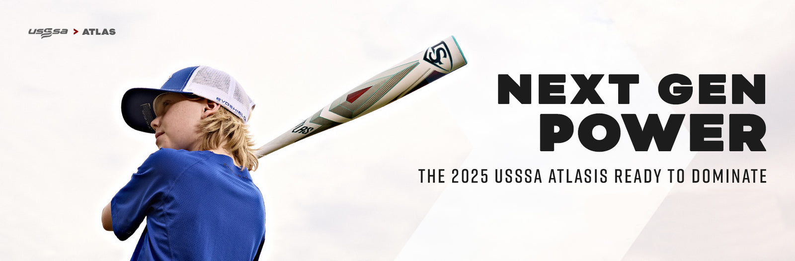 A young baseball player in a blue shirt and cap holds a bat over his shoulder. Black text reads, Next Gen Power, and smaller text says, The 2025 USSSA Atlas is ready to dominate. USSSA and Atlas logos are in the corner.
