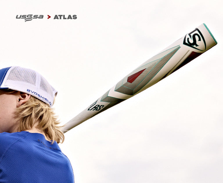A person holding a balanced Louisville Slugger Atlas (-5) 2 5/8" USSSA Baseball Bat (2025, WBL2981010).