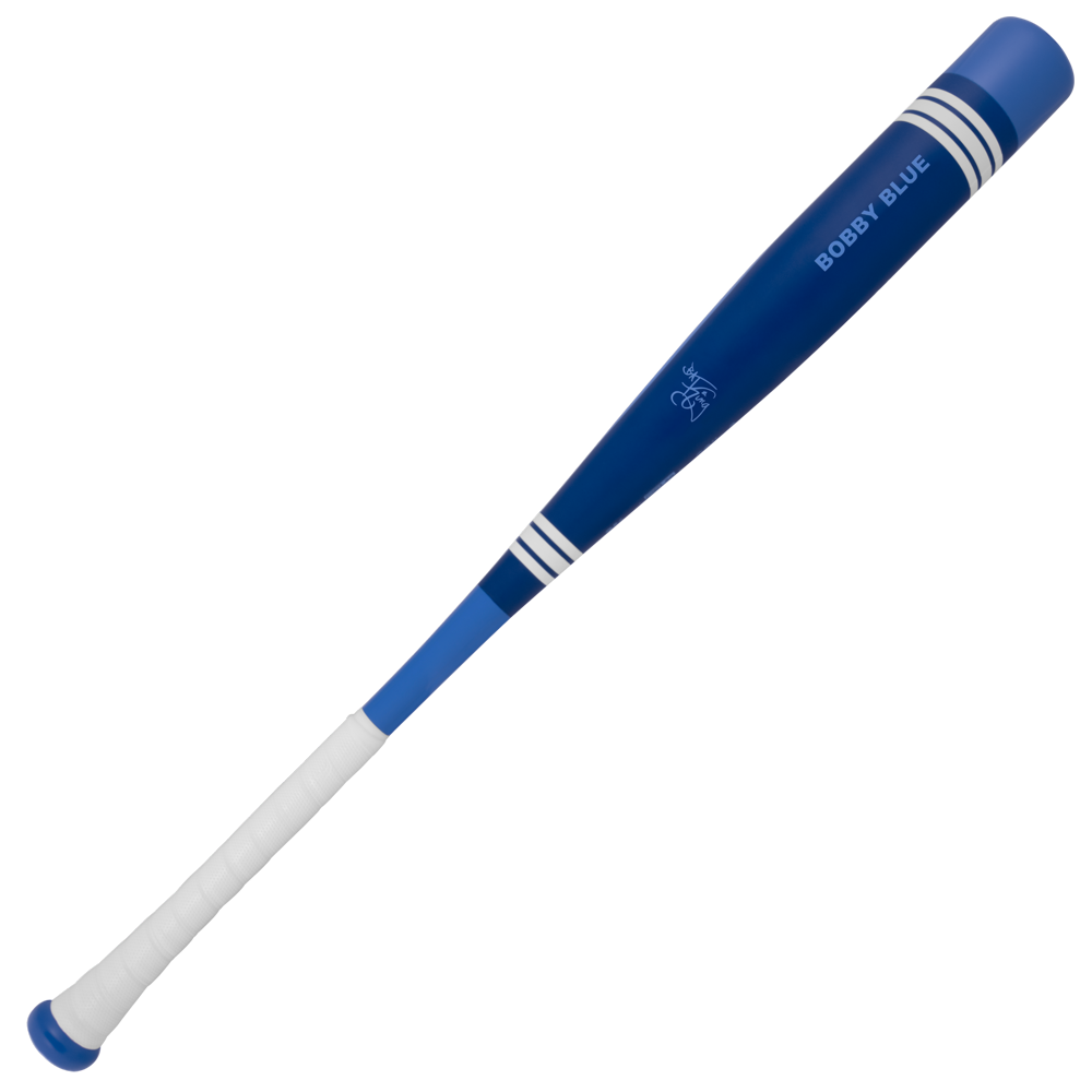 A blue aluminum one-piece Victus bat with white stripes near the barrel, a white grip, and "BOBBY BLUE" printed on it. This is the 2025 Victus Vibe Pro-Crayon Bobby Witt Jr (-3) BBCOR Baseball Bat: VCBVIBC-BW.