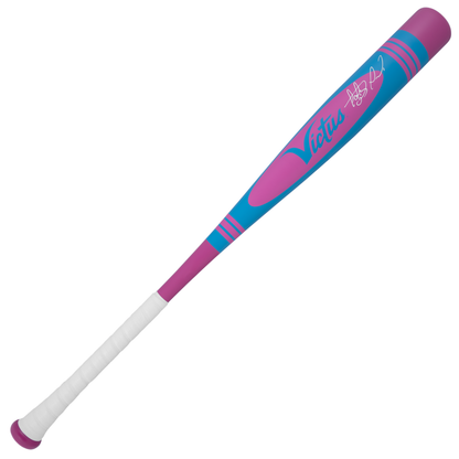 The 2025 Victus Vibe Pro-Crayon Fernando Tatis Jr (-3) BBCOR Baseball Bat by Victus features a one-piece aluminum design, purple handle with white grip tape, blue and purple barrel, visible Victus branding, autograph, and vibration-reducing knob.