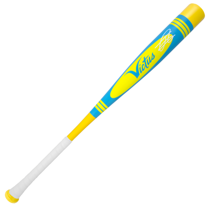 The 2025 Victus Vibe Pro-Crayon Julio Rodriguez (-3) BBCOR bat features a blue and yellow aluminum design, white grip tape, "Victus" in blue cursive on the barrel with a white signature, and a vibration-reducing knob for comfort.