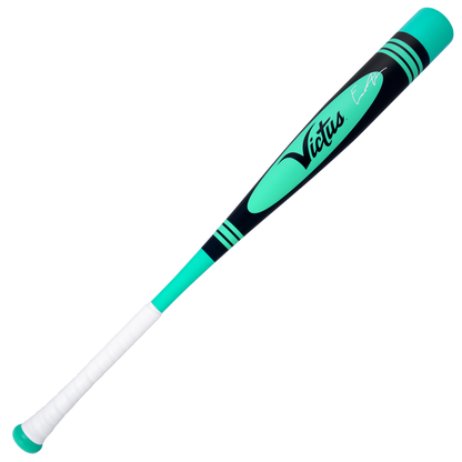 The 2025 Victus Vibe Pro-Crayon King of Juco (-3) BBCOR Baseball Bat (VCBVIBC-KJ) by Victus features a teal and black design, white grip tape, a vibration-reducing knob, and the Victus logo near the barrel.