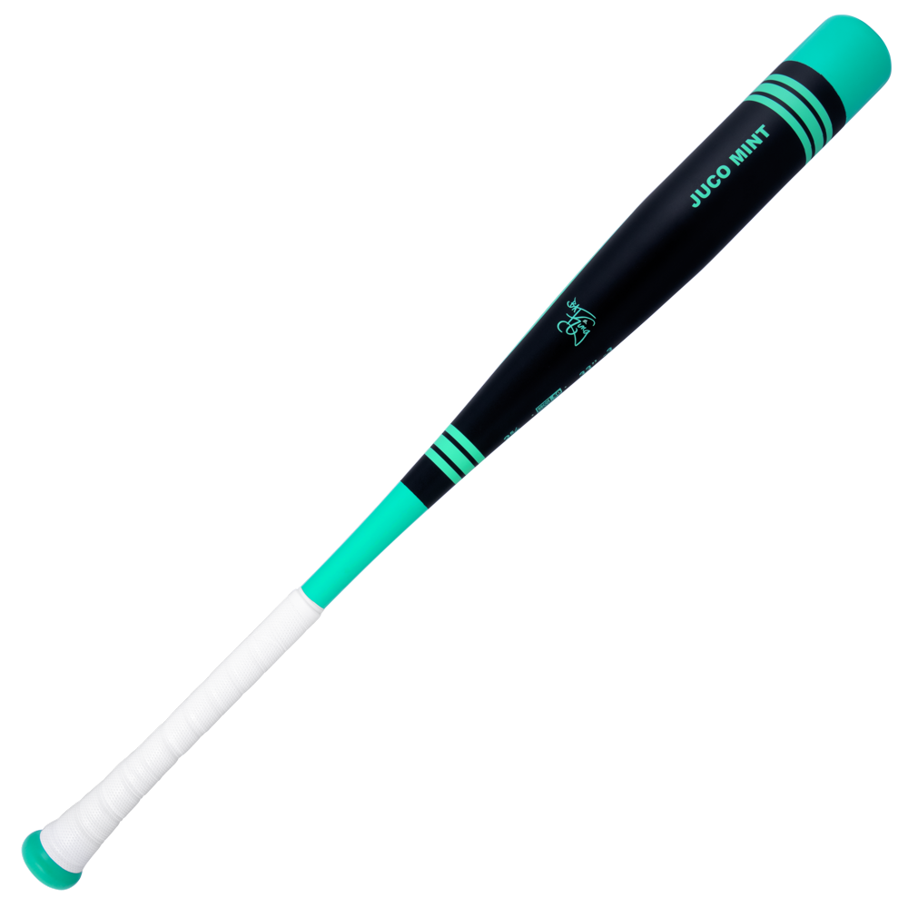 The 2025 Victus Vibe Pro-Crayon King of Juco (-3) BBCOR bat by Victus features a black and turquoise design, vibration-reducing knob, white grip tape, and “JUCO MINT” near the barrel.