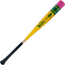 The 2025 Victus Vibe Pencil (-3) BBCOR Baseball Bat (VCBVIBP) by Victus features a yellow pencil design with a pink eraser tip, black grip, vibration-reducing knob, and displays "33/30," "Pro 50," and the Victus logo.