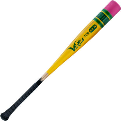 The 2025 Victus Vibe Pencil (-3) BBCOR Baseball Bat (VCBVIBP) by Victus features a yellow pencil design with a pink eraser tip, black grip, vibration-reducing knob, and displays "33/30," "Pro 50," and the Victus logo.