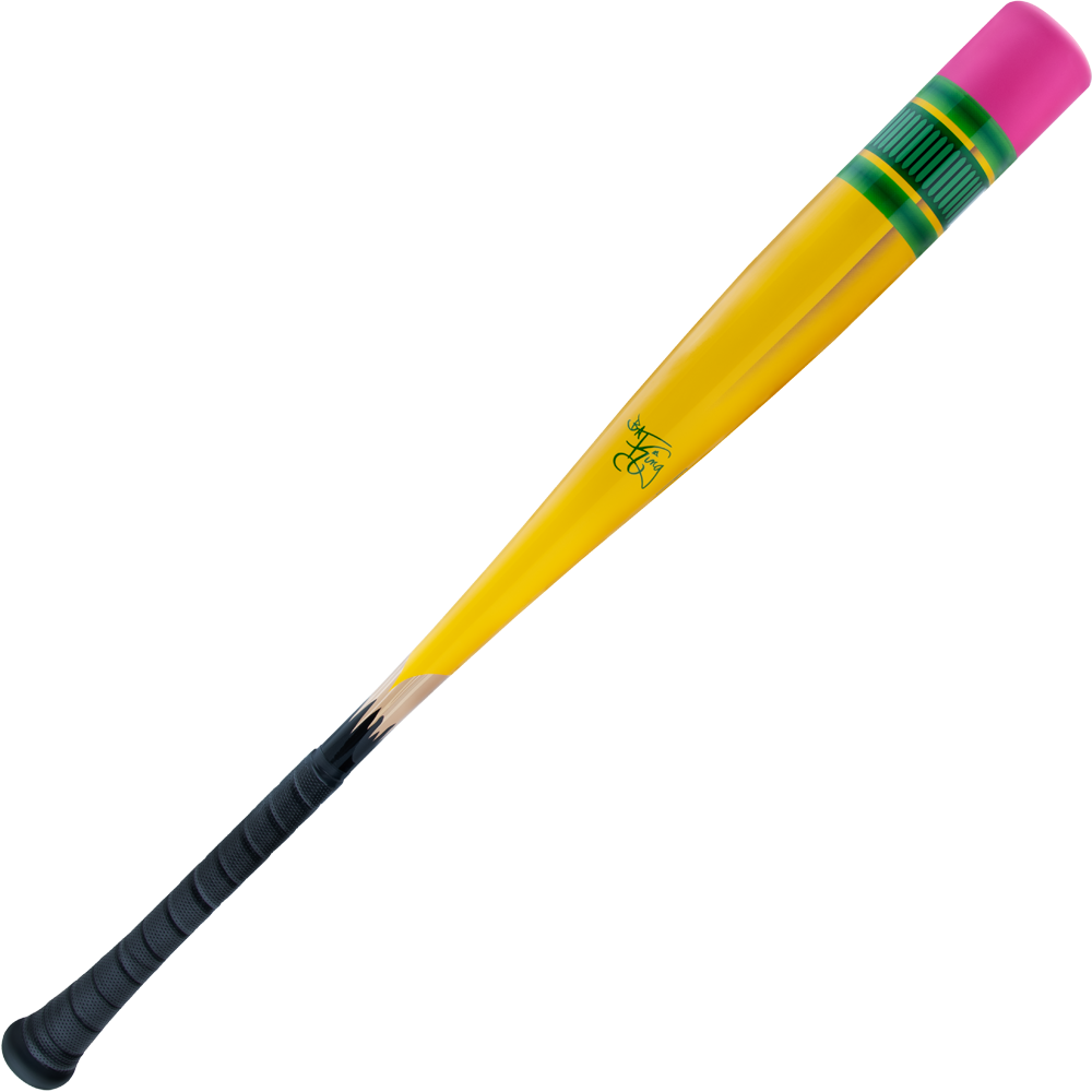 The 2025 Victus Vibe Pencil (-3) BBCOR Bat by Victus is a one-piece aluminum bat styled as a yellow pencil, complete with pink eraser, green/yellow metal band, black grip like a tip, and a comfort-enhancing vibration-reducing knob.