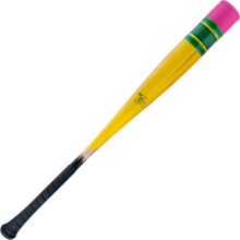 The 2025 Victus Vibe Pencil (-3) BBCOR Bat by Victus is a one-piece aluminum bat styled as a yellow pencil, complete with pink eraser, green/yellow metal band, black grip like a tip, and a comfort-enhancing vibration-reducing knob.