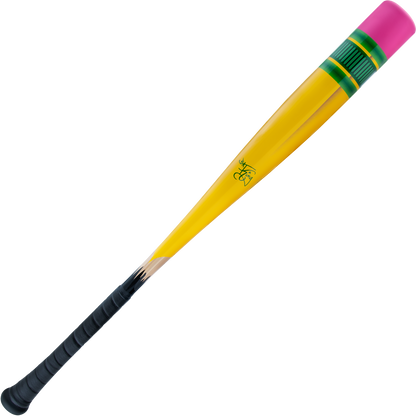 The 2025 Victus Vibe Pencil (-3) BBCOR Bat by Victus is a one-piece aluminum bat styled as a yellow pencil, complete with pink eraser, green/yellow metal band, black grip like a tip, and a comfort-enhancing vibration-reducing knob.