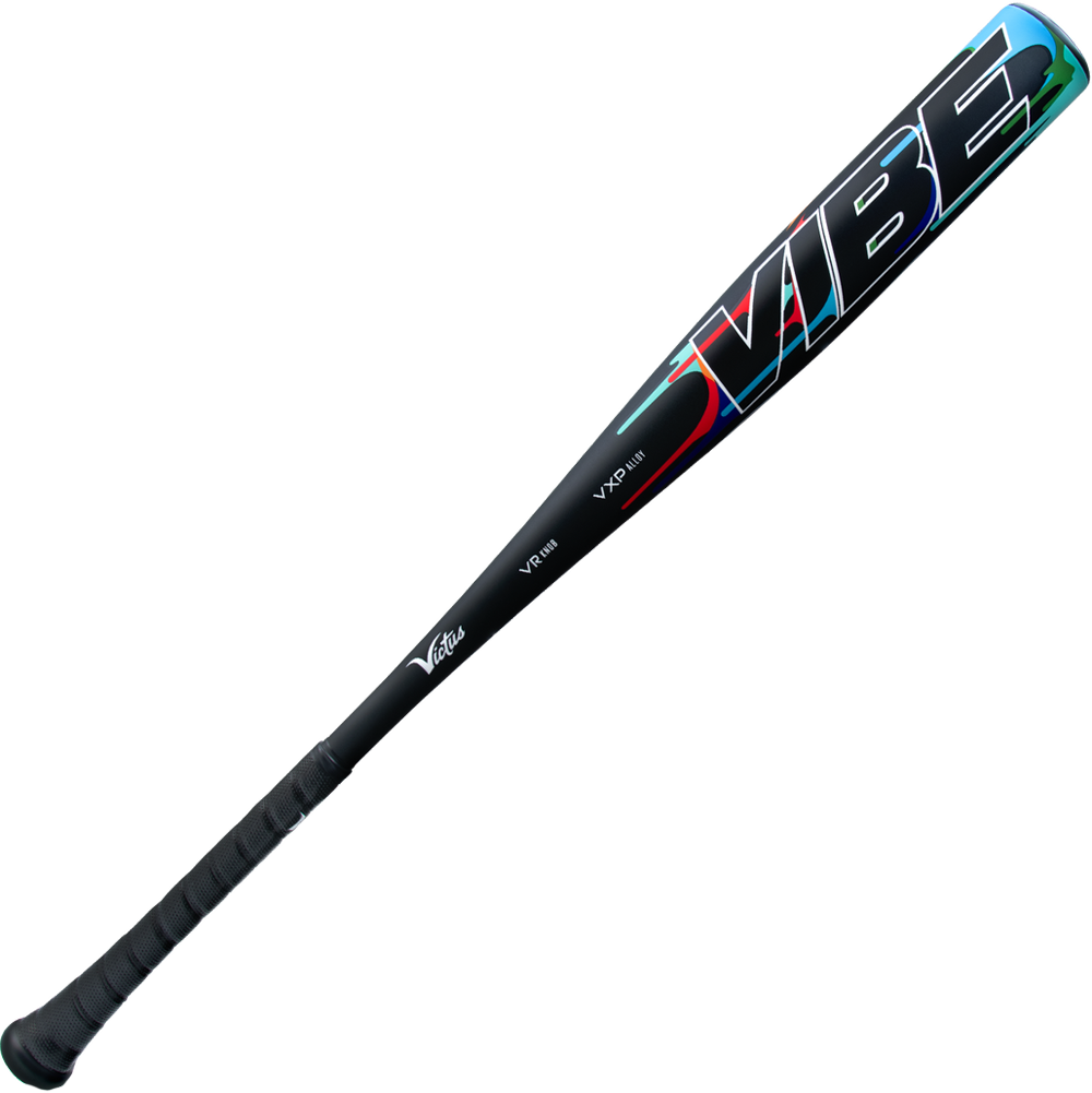 The 2025 Victus Vibe (-3) BBCOR Baseball Bat (VCBVIB) is a black, one-piece aluminum bat with a textured grip, large colorful "VIBE" lettering near the barrel, vibration reducing knob, and visible Victus branding and model details.