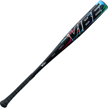 The 2025 Victus Vibe (-3) BBCOR Baseball Bat (VCBVIB) is a black, one-piece aluminum bat with a textured grip, large colorful "VIBE" lettering near the barrel, vibration reducing knob, and visible Victus branding and model details.