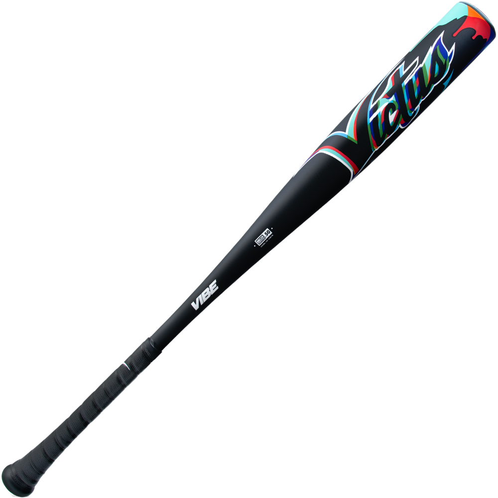 The 2025 Victus Vibe (-3) BBCOR Baseball Bat (VCBVIB) is a black, one-piece aluminum bat with a textured grip, colorful red, teal, and purple accents, Victus branding near the barrel, and a vibration reducing knob for comfort.
