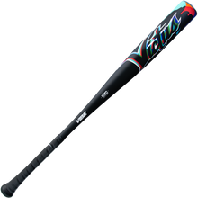 The 2025 Victus Vibe (-3) BBCOR Baseball Bat (VCBVIB) is a black, one-piece aluminum bat with a textured grip, colorful red, teal, and purple accents, Victus branding near the barrel, and a vibration reducing knob for comfort.