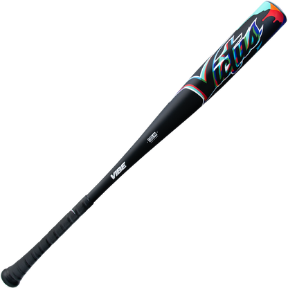 The 2025 Victus Vibe (-3) BBCOR Baseball Bat (VCBVIB) is a black, one-piece aluminum bat with a textured grip, colorful red, teal, and purple accents, Victus branding near the barrel, and a vibration reducing knob for comfort.