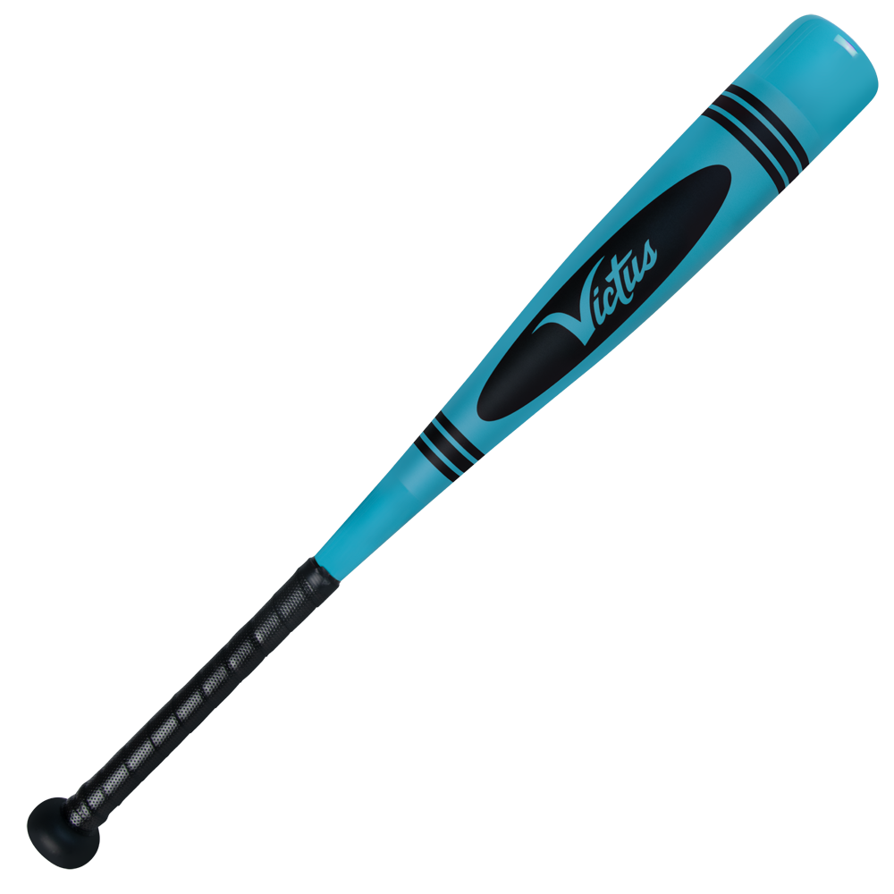The 2025 Victus Vibe Crayon JBB (-10) USSSA baseball bat by Victus features a blue and black design, an aluminum barrel, and a vibration-reducing knob for greater comfort during play.