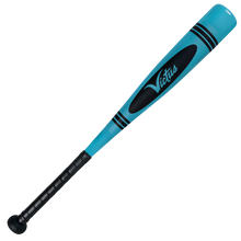 The 2025 Victus Vibe Crayon JBB (-10) USSSA baseball bat by Victus features a blue and black design, an aluminum barrel, and a vibration-reducing knob for greater comfort during play.