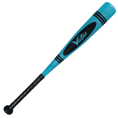 The 2025 Victus Vibe Crayon JBB (-10) USSSA baseball bat by Victus features a blue and black design, an aluminum barrel, and a vibration-reducing knob for greater comfort during play.