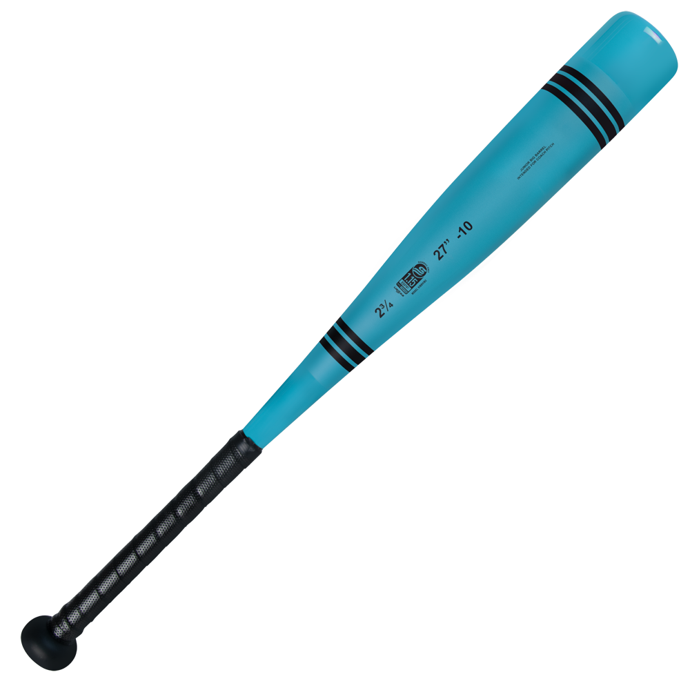 The Victus 2025 Vibe Crayon JBB (-10) 2 3/4" USSSA Baseball Bat features a turquoise aluminum barrel, black grip tape, two black stripes, a vibration-reducing knob, and printed specs—ideal for USSSA play.