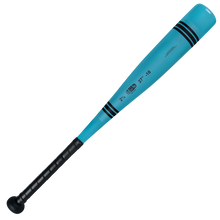 The Victus 2025 Vibe Crayon JBB (-10) 2 3/4" USSSA Baseball Bat features a turquoise aluminum barrel, black grip tape, two black stripes, a vibration-reducing knob, and printed specs—ideal for USSSA play.