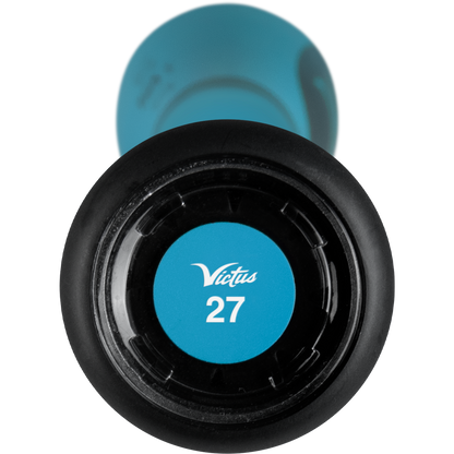 Close-up of the end cap on the 2025 Victus Vibe Crayon JBB (-10) 2 3/4" USSSA Baseball Bat, showing a blue circle with "Victus 27" in white text. Highlights include an aluminum design and a vibration-reducing knob for performance.