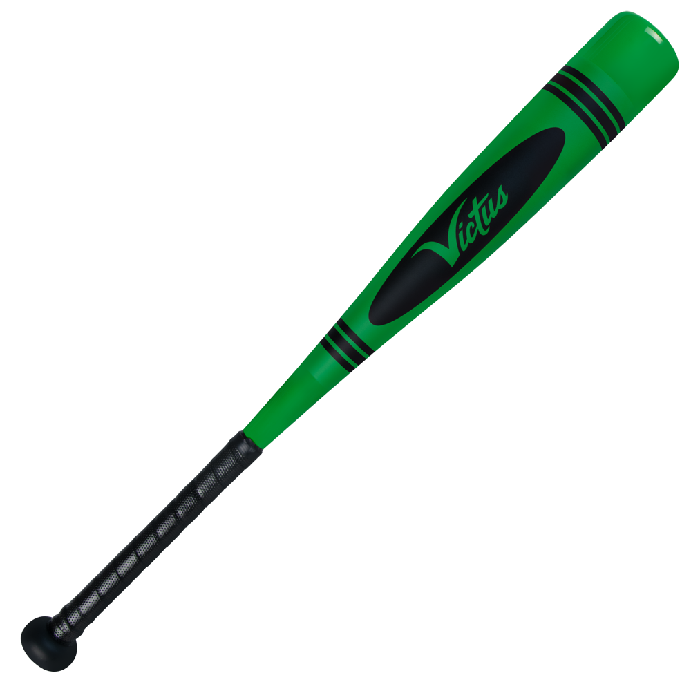 The 2025 Victus Vibe Crayon JBB (-10) USSSA Baseball Bat features a green aluminum barrel with black accents, a black grip, and the Victus logo. It offers a vibration-reducing knob and textured handle for comfort, shown on a white background.